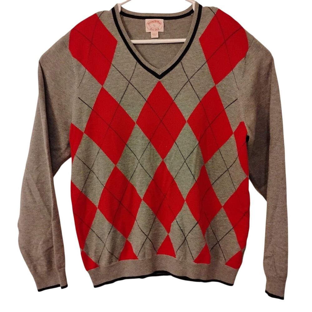 Brooks Brothers vintage sweater mens L Large argyle diamond v-neck wool blend